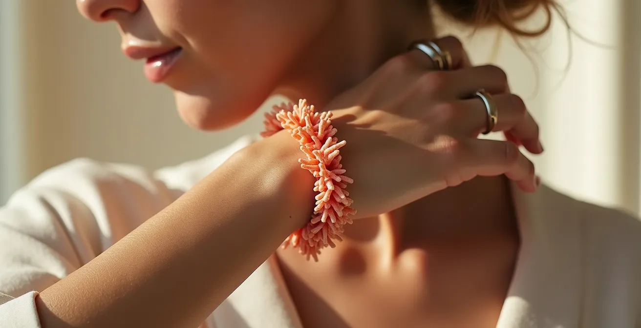 Main féminine portant un bracelet en corail gorgone avec jeu de lumière